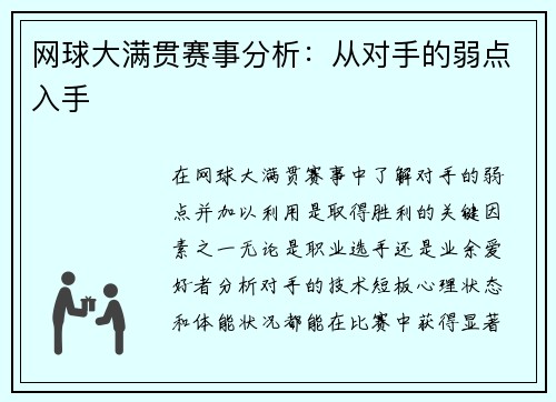 网球大满贯赛事分析：从对手的弱点入手